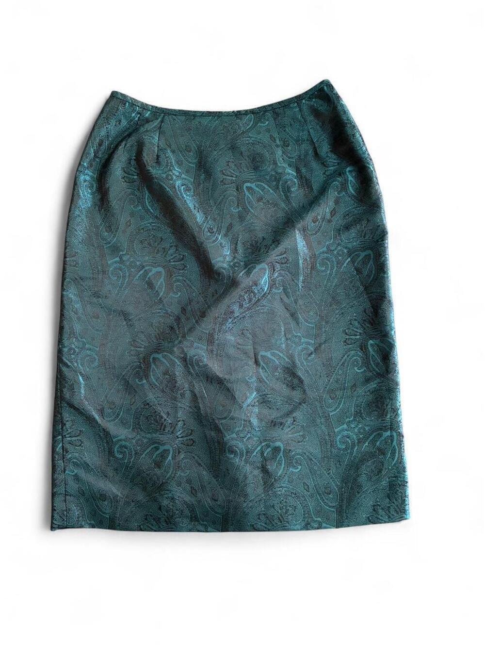 Whimsy Teal Paisley Midi Skirt with Zipper and Elastic Waistband, Nylon & 47%+7%